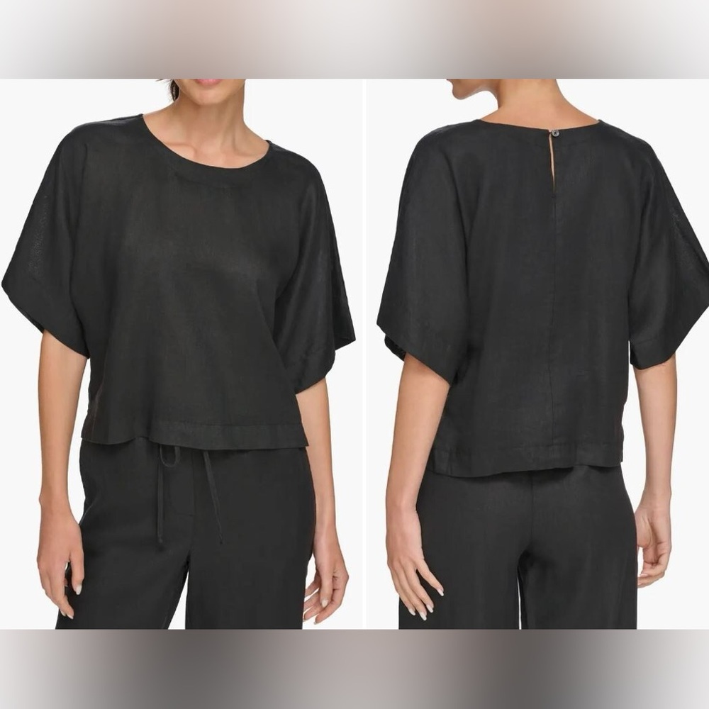 DKNY Pure Black Linen Dolman Sleeve Blouse Relaxed Fit-XL